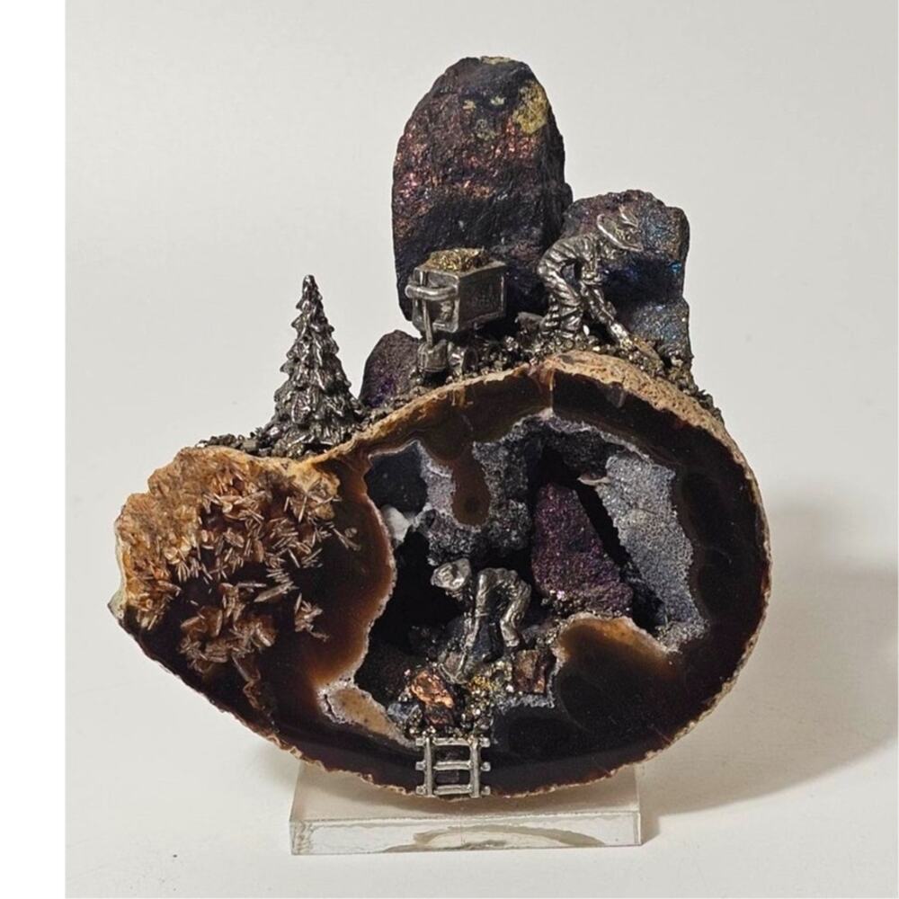 80s GEM Pewter Miners Geode Amethyst Pyrite Mining Diorama Sculpture Vintage